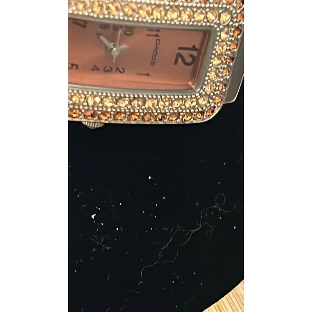 Chicos Crystal Cuff Watch Pink Dial Brown Band Statement Rhinestone Bezel‎